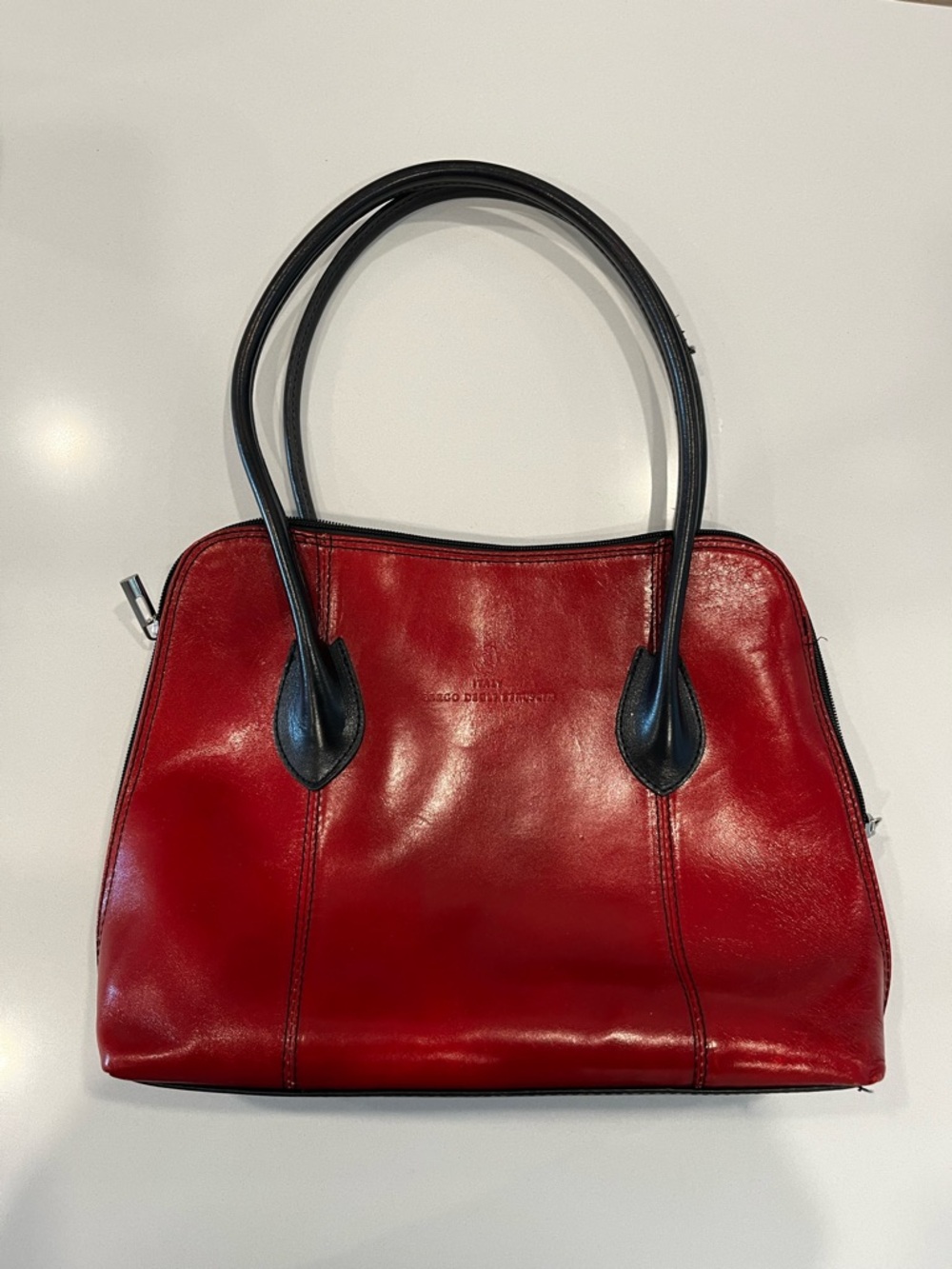 Borgo Degli Etruschi Red Leather Tote Handbag with Black Handles